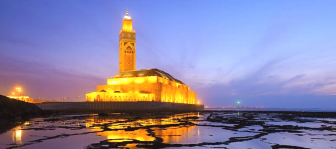 Night view of Hassan II mosque in Casablanca, Morocco