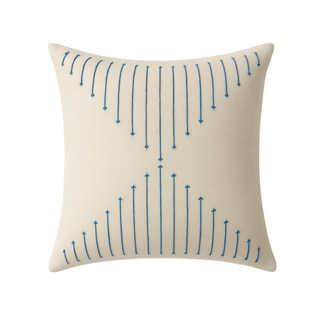 Minimalist Blue Linear Embroidered Cushion – Cream Geometric Hourglass Decorative Pillow – Modern Scandi Home Decor