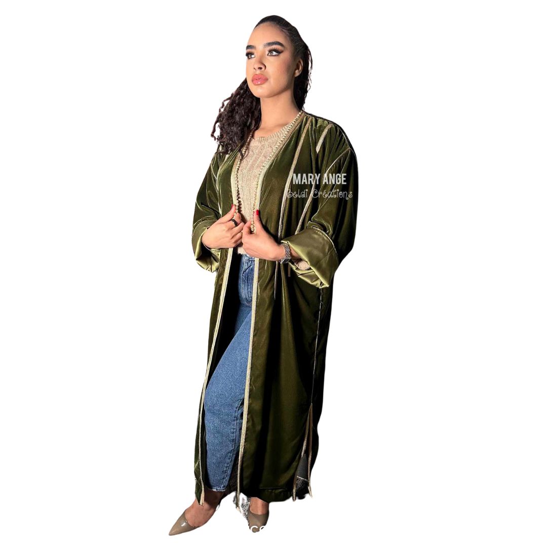 RINA Dark Green Velvet Moroccan Kimono