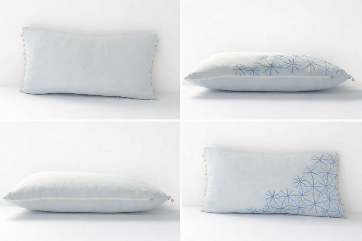 Artisanal "Tarz Rbati" Lumbar Cushion - Blue Floral Medallion Embroidery on Premium Cotton