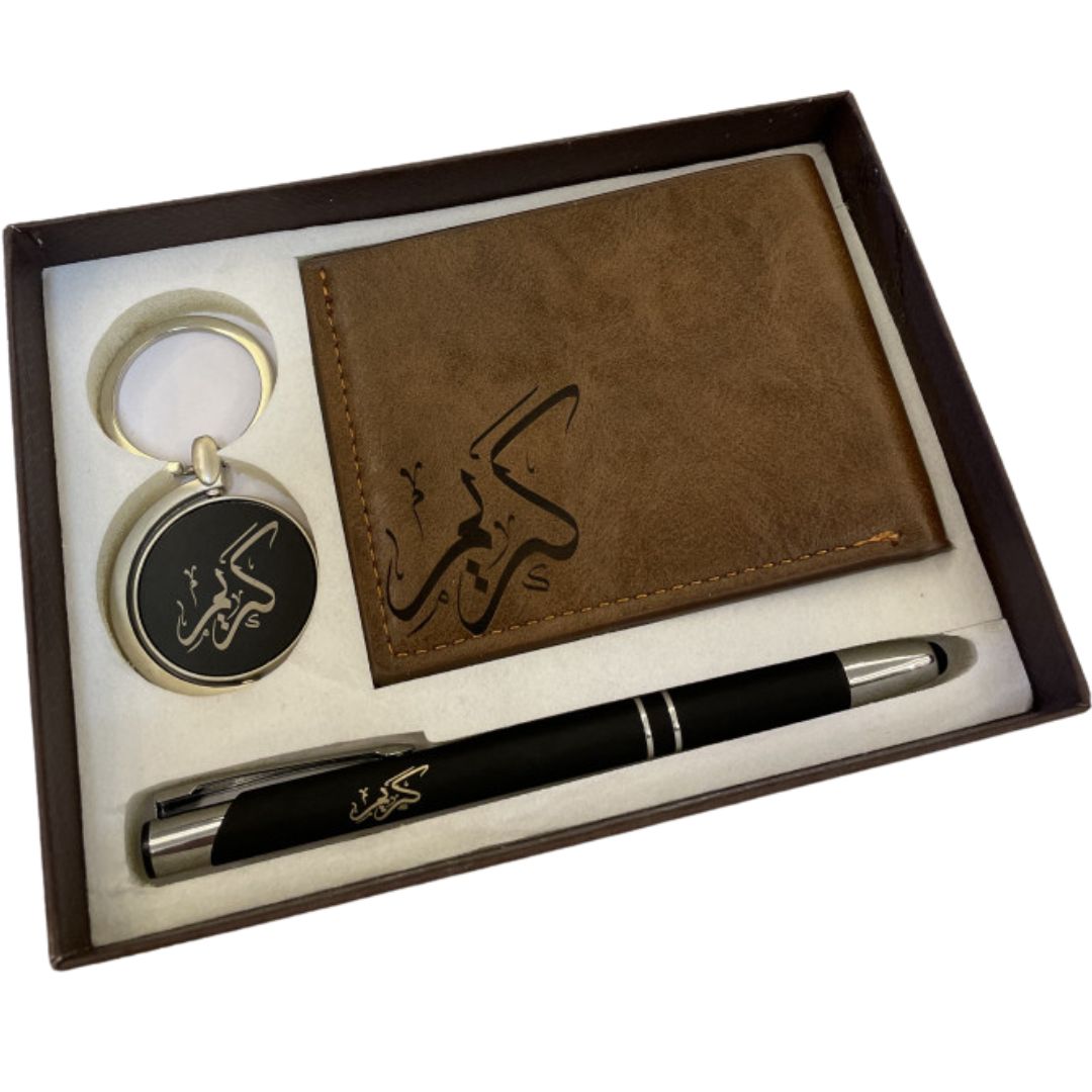 Customized leather wallet, pen and key holder pack
