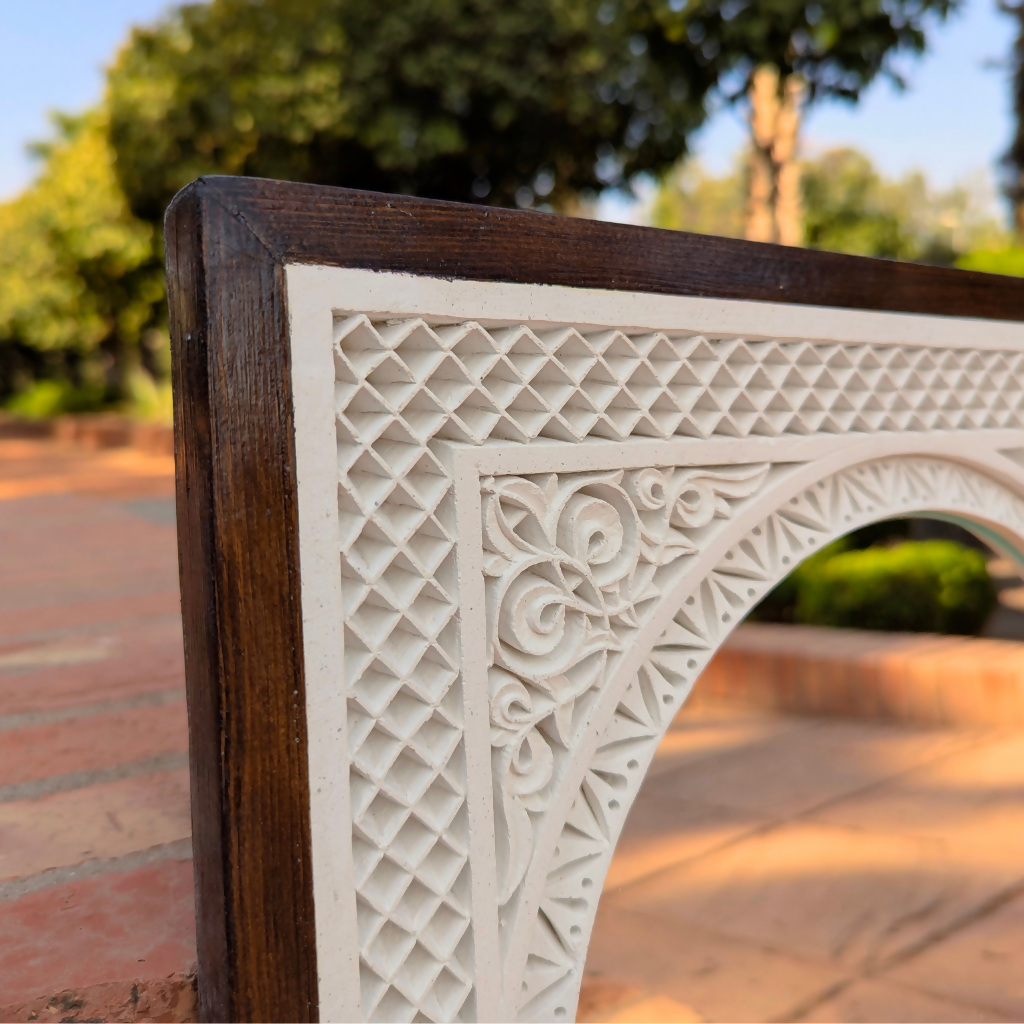 Framed Hand-Carved Moroccan Plaster Wall Mirror, Floral Design