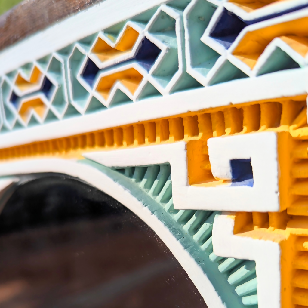 Framed Hand Carved Moroccan Plaster Wall Mirror, Painted Geometrical Finish