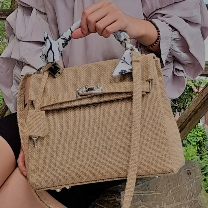 Mini Kelly Style Green Coffee Jute Handbag