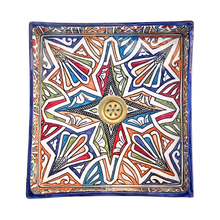 Hand-Painted Moroccan Ceramic Bathroom Sink – Square Geometric Star Washbasin in Vibrant Colors