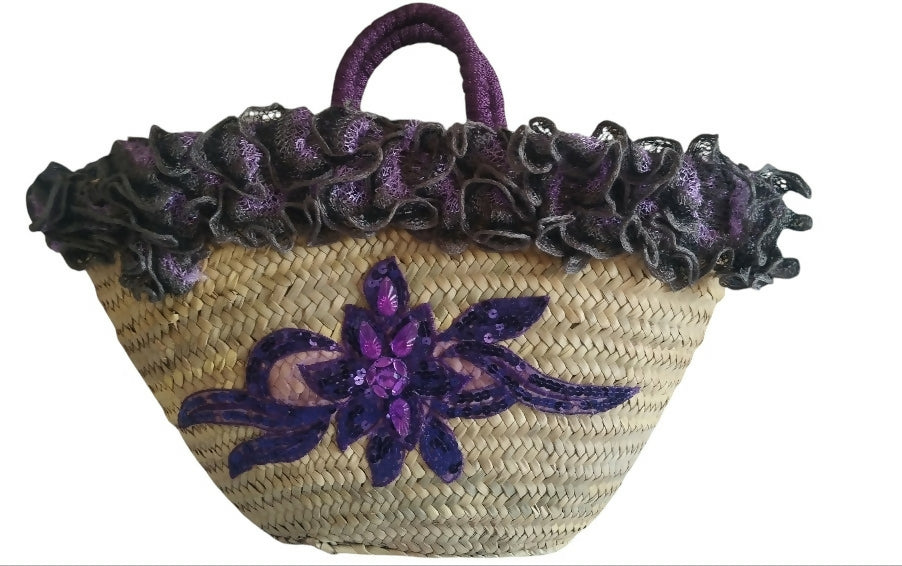 Purple Flower Moroccan Wicker Market Basket