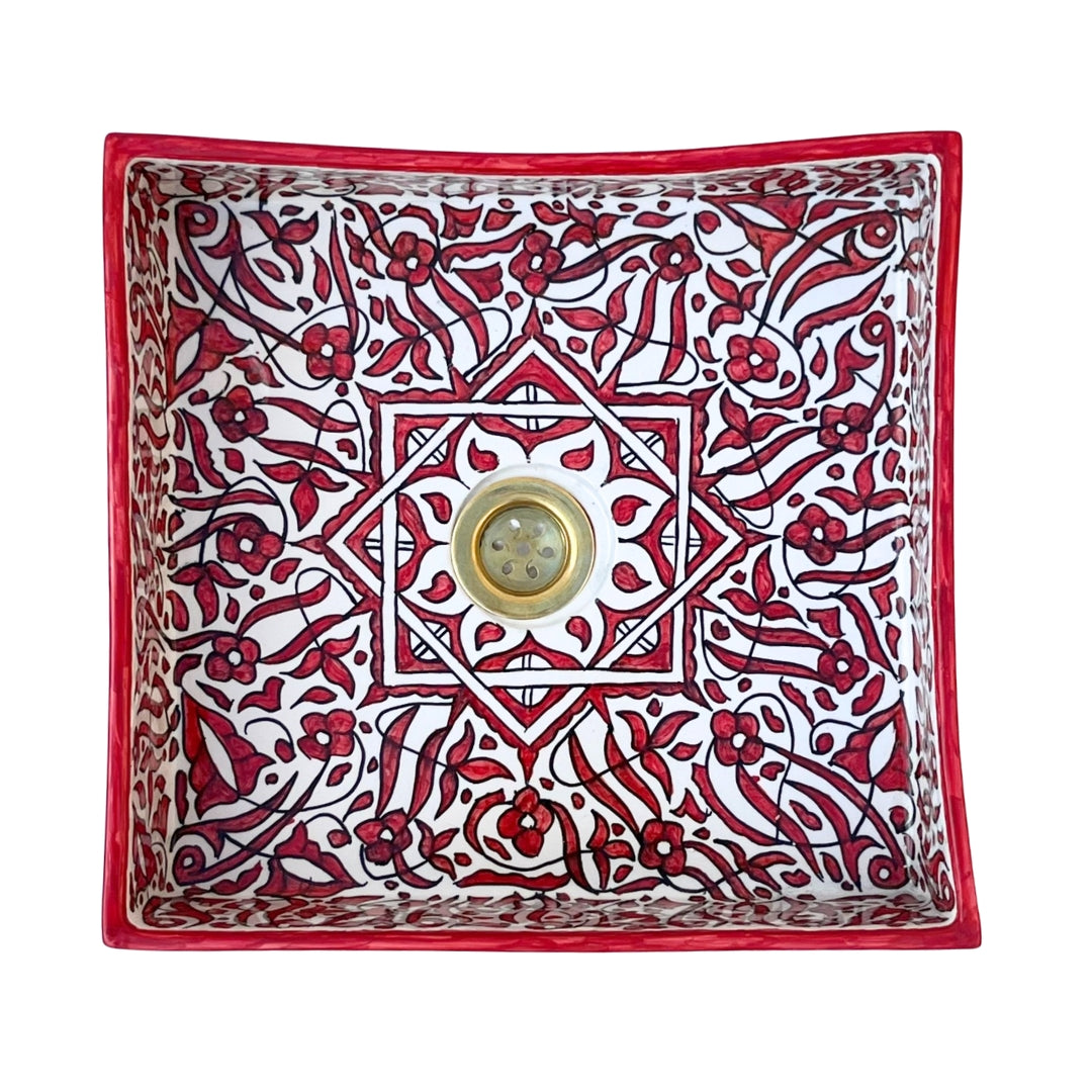 Hand-Painted Moroccan Ceramic Sink – Square Red Arabesque Design
