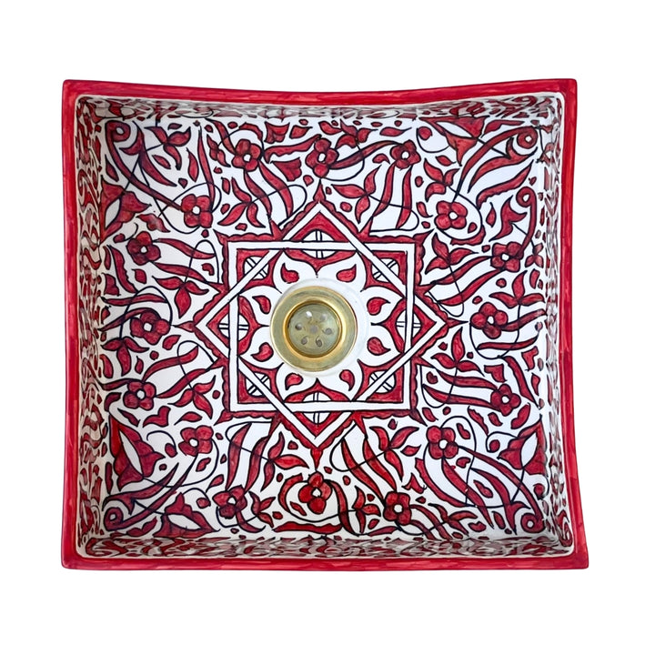 Hand-Painted Moroccan Ceramic Sink – Square Red Arabesque Design