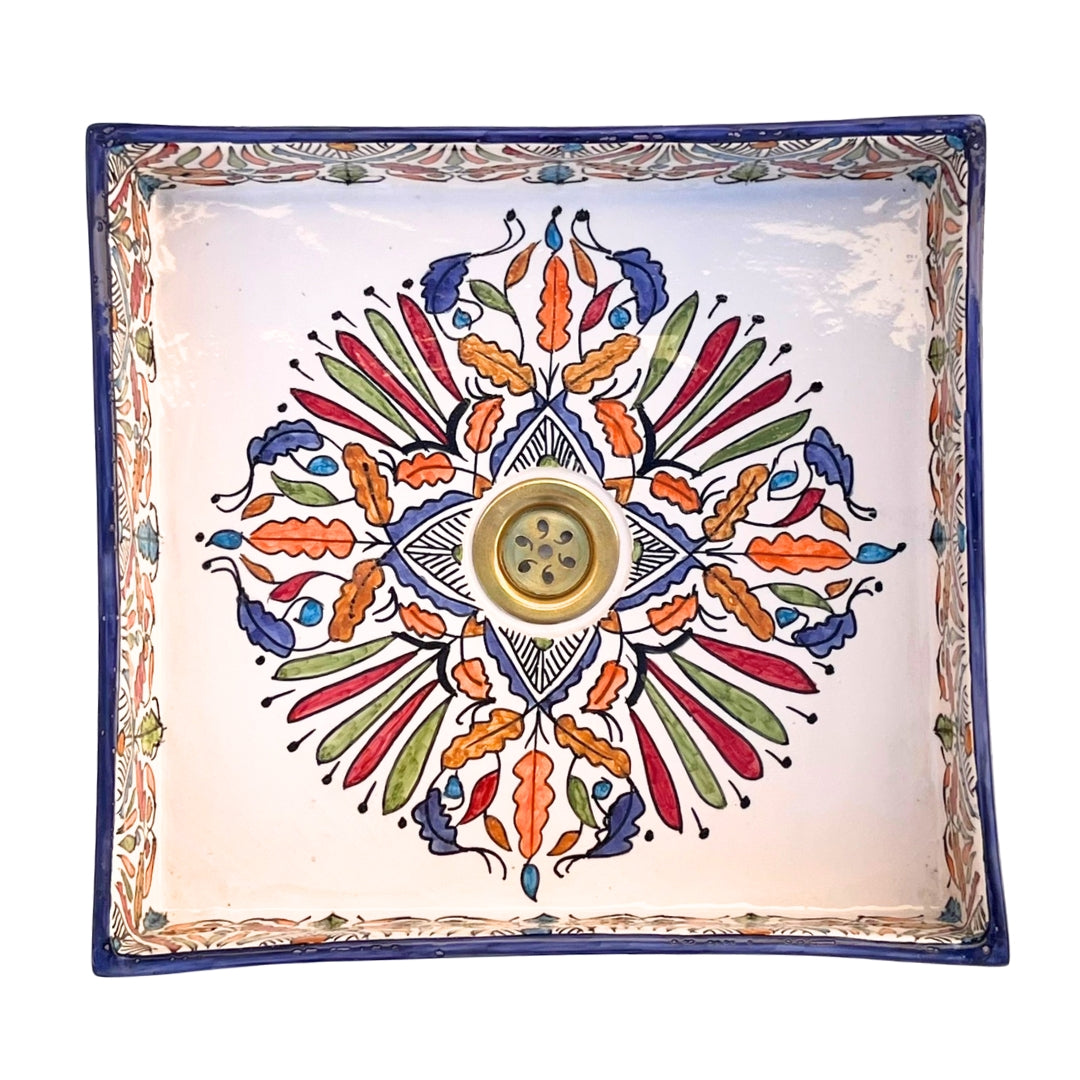 Hand-Painted Moroccan Ceramic Bathroom Basin – Square Colorful Floral Design Washbasin