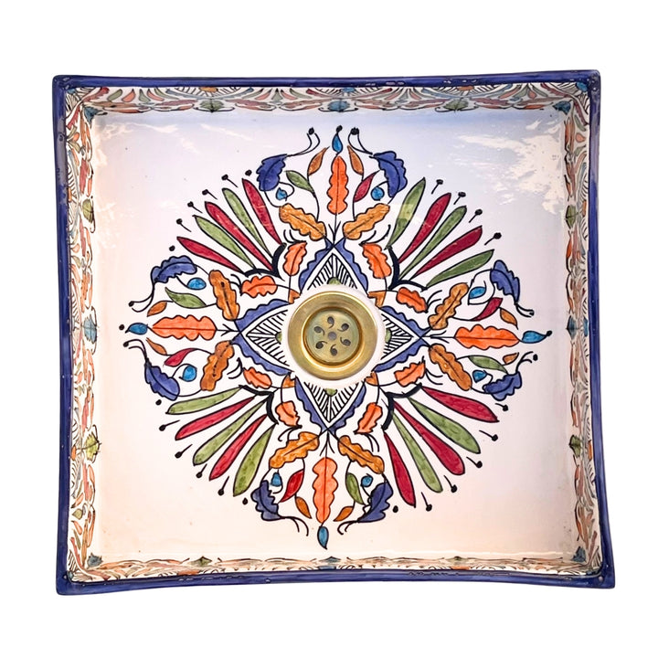 Hand-Painted Moroccan Ceramic Bathroom Basin – Square Colorful Floral Design Washbasin