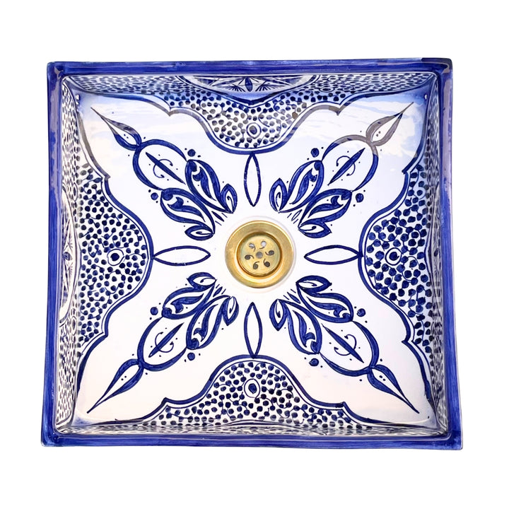 Hand-Painted Moroccan Ceramic Bathroom Sink – Square Blue & White Traditional Washbasin