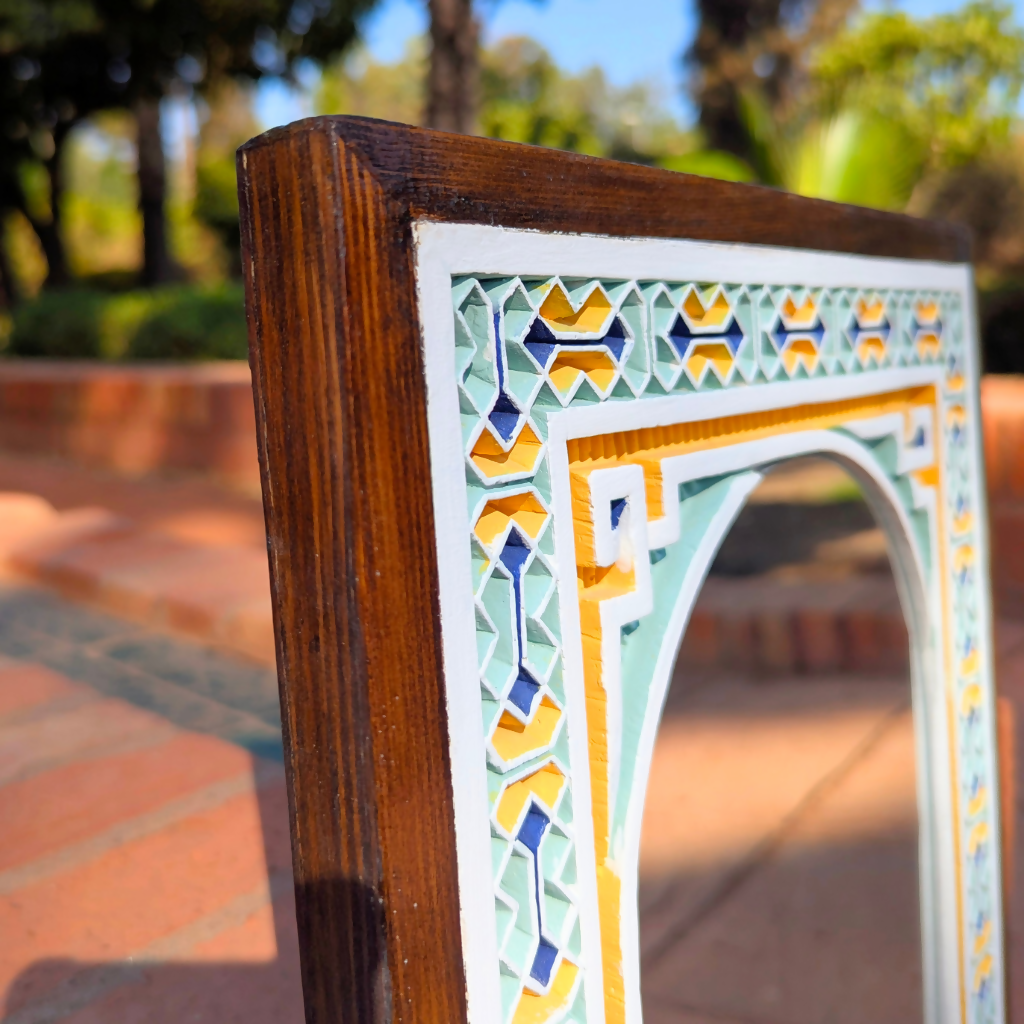 Framed Hand Carved Moroccan Plaster Wall Mirror, Painted Geometrical Finish