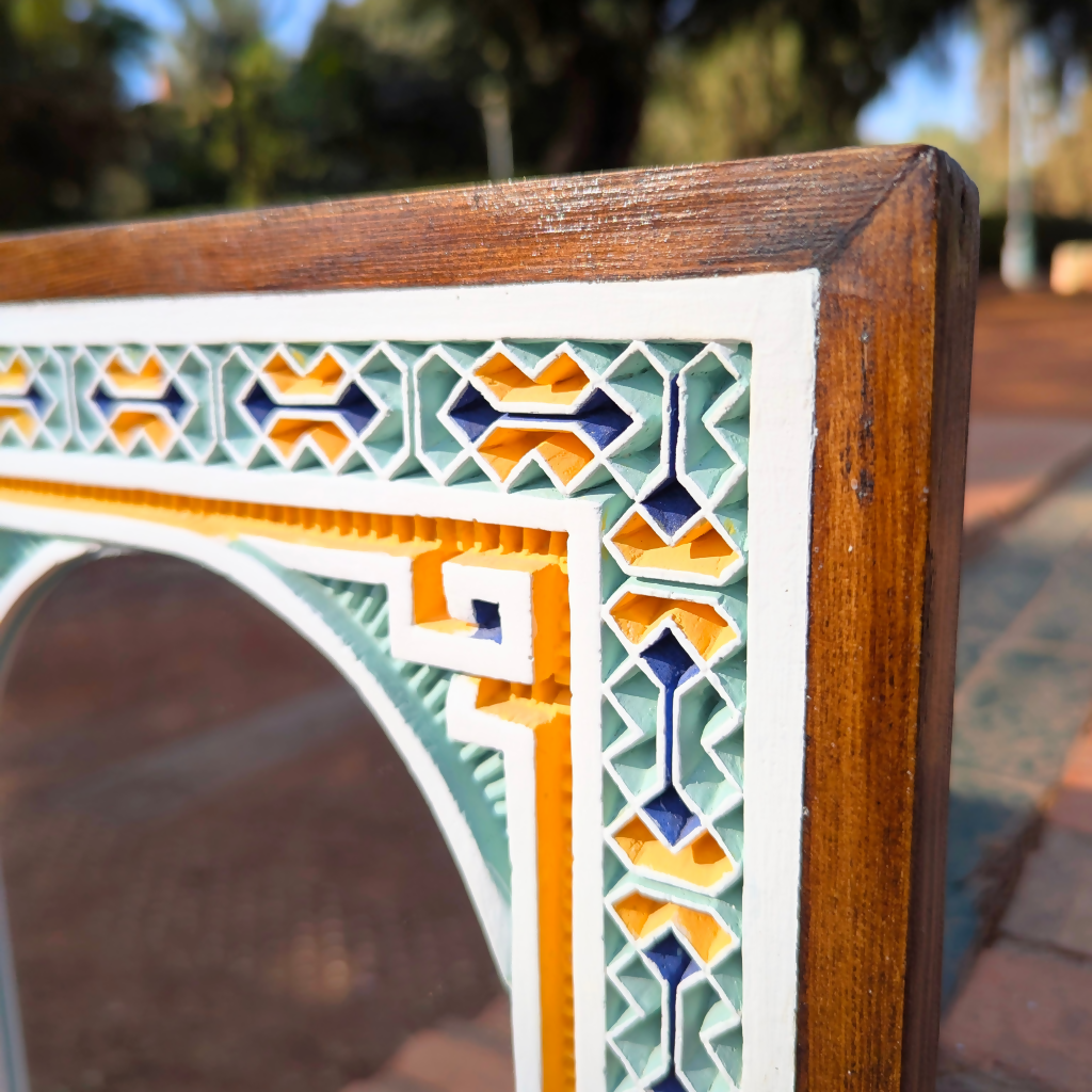 Framed Hand Carved Moroccan Plaster Wall Mirror, Painted Geometrical Finish