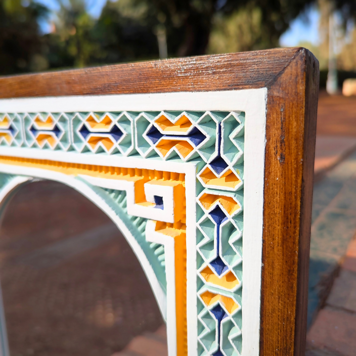 Framed Hand Carved Moroccan Plaster Wall Mirror, Painted Geometrical Finish