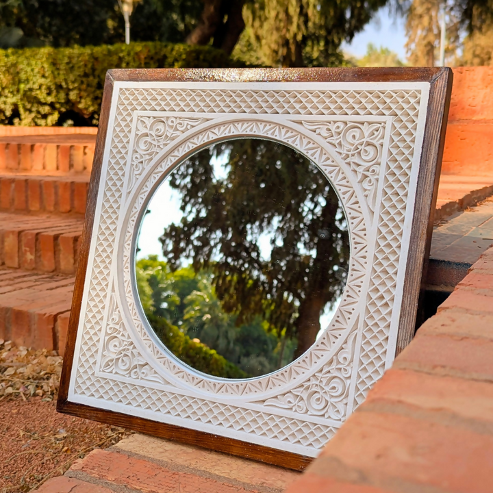 Framed Hand-Carved Moroccan Plaster Wall Mirror, Floral Design