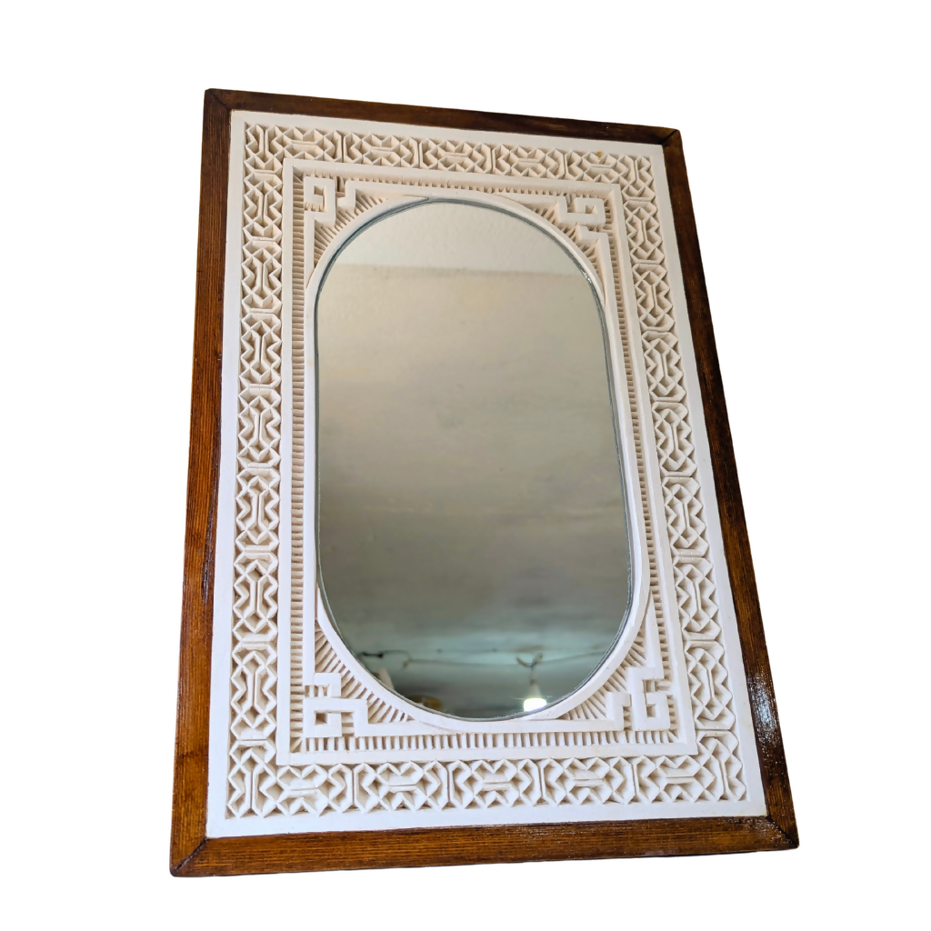 Framed Hand Carved Plaster Wall Mirror, Authentic white Finish