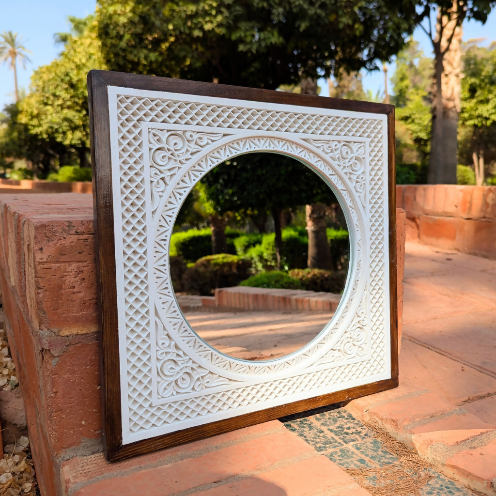 Framed Hand-Carved Moroccan Plaster Wall Mirror, Floral Design
