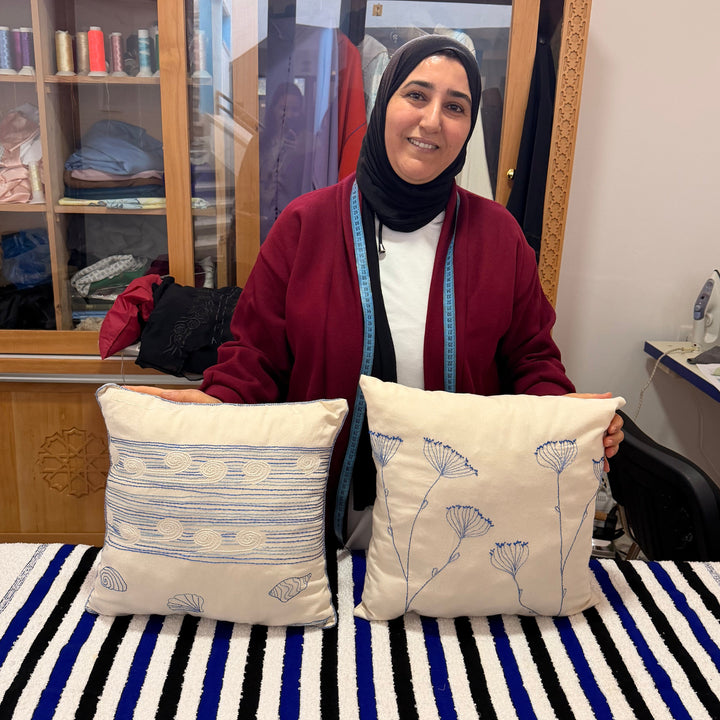 Hand-Embroidered Natural Cotton Cushion | Two-Tone Blue Wildflower Design