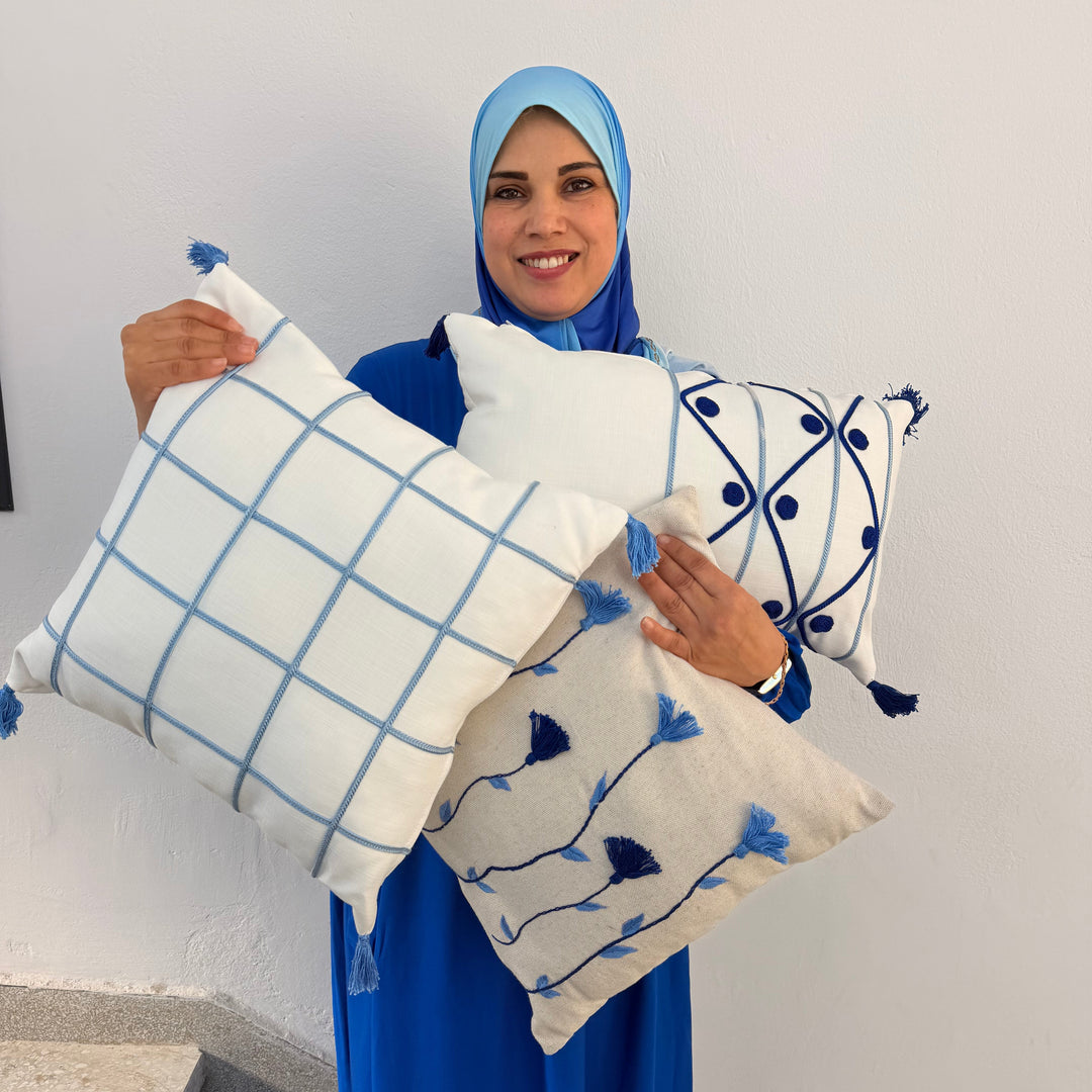 Blue Windowpane Check Tassel Cushion – Textured White Cotton Throw Pillow