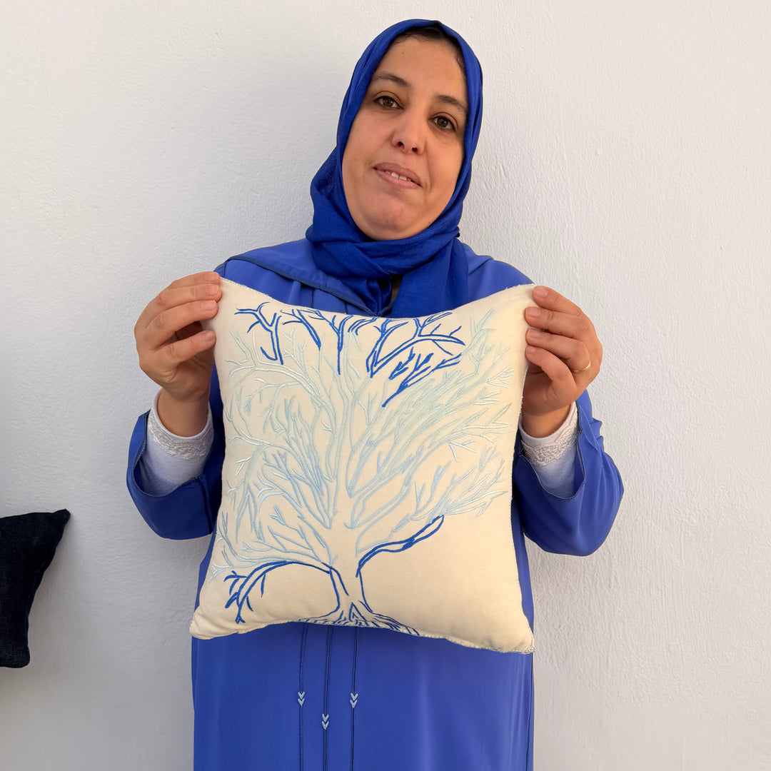 Hand-Embroidered Moroccan Decorative Pillow – Blue Tree of Life Cushion Cover
