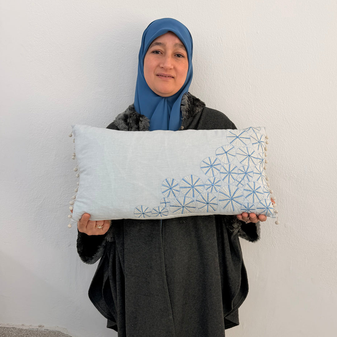 Artisanal "Tarz Rbati" Lumbar Cushion - Blue Floral Medallion Embroidery on Premium Cotton