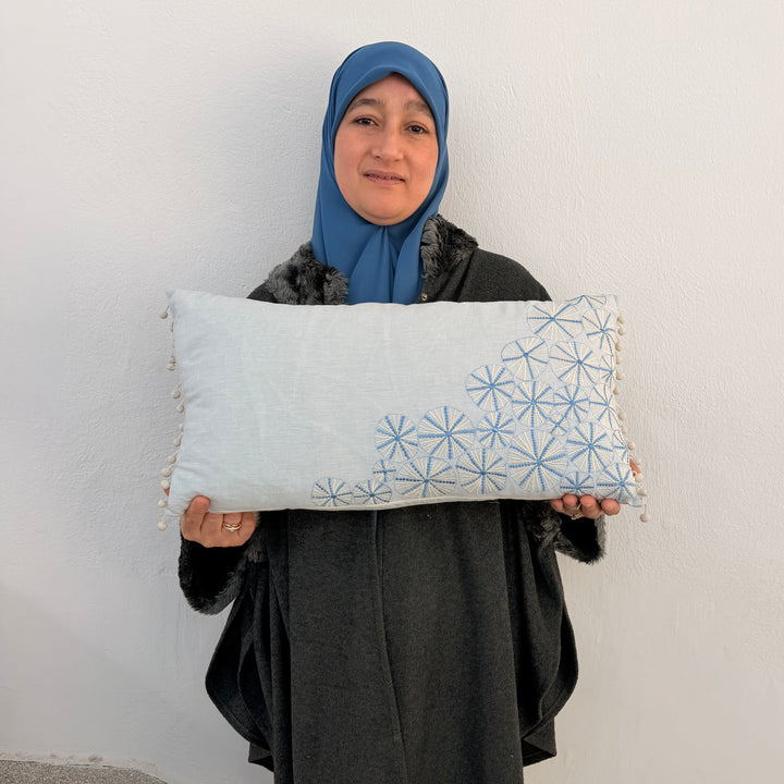Artisanal "Tarz Rbati" Lumbar Cushion - Blue Floral Medallion Embroidery on Premium Cotton
