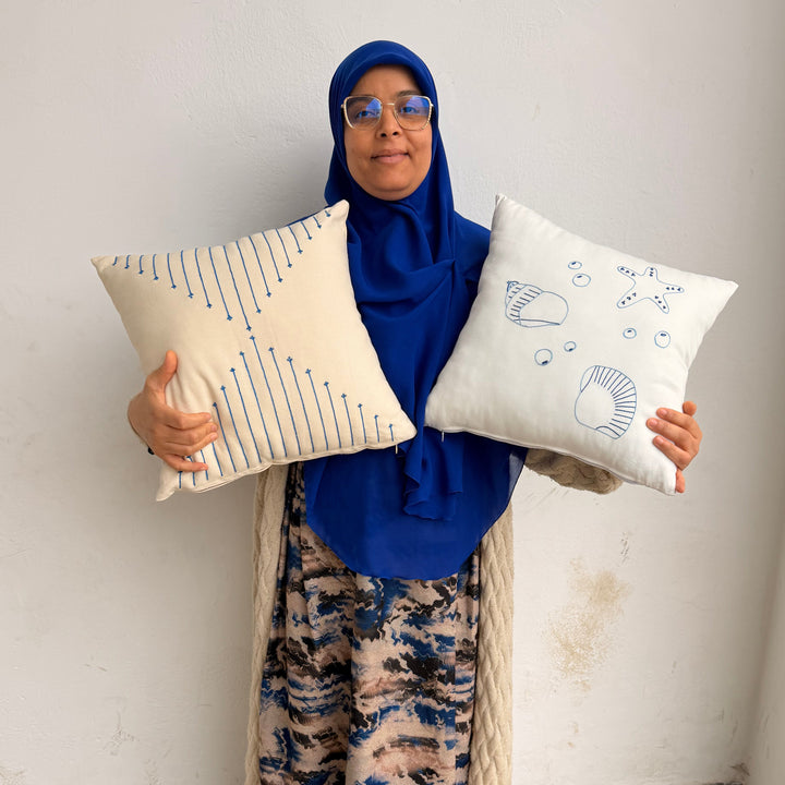 Minimalist Blue Linear Embroidered Cushion – Cream Geometric Hourglass Decorative Pillow – Modern Scandi Home Decor
