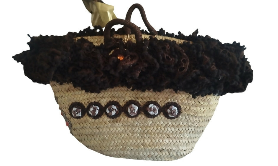 Brown Dots Moroccan Wicker Market Basket