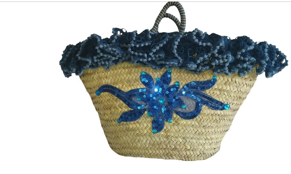 Blue Flower Moroccan Wicker Market Basket