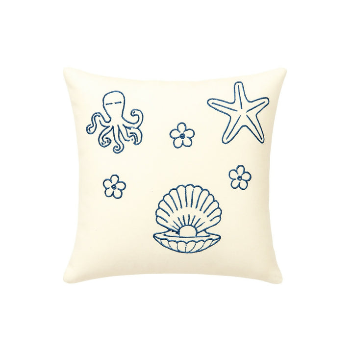 Coastal Embroidered Shell & Octopus Throw Pillow – Navy Blue Nautical Decorative Cushion – Beach House Decor