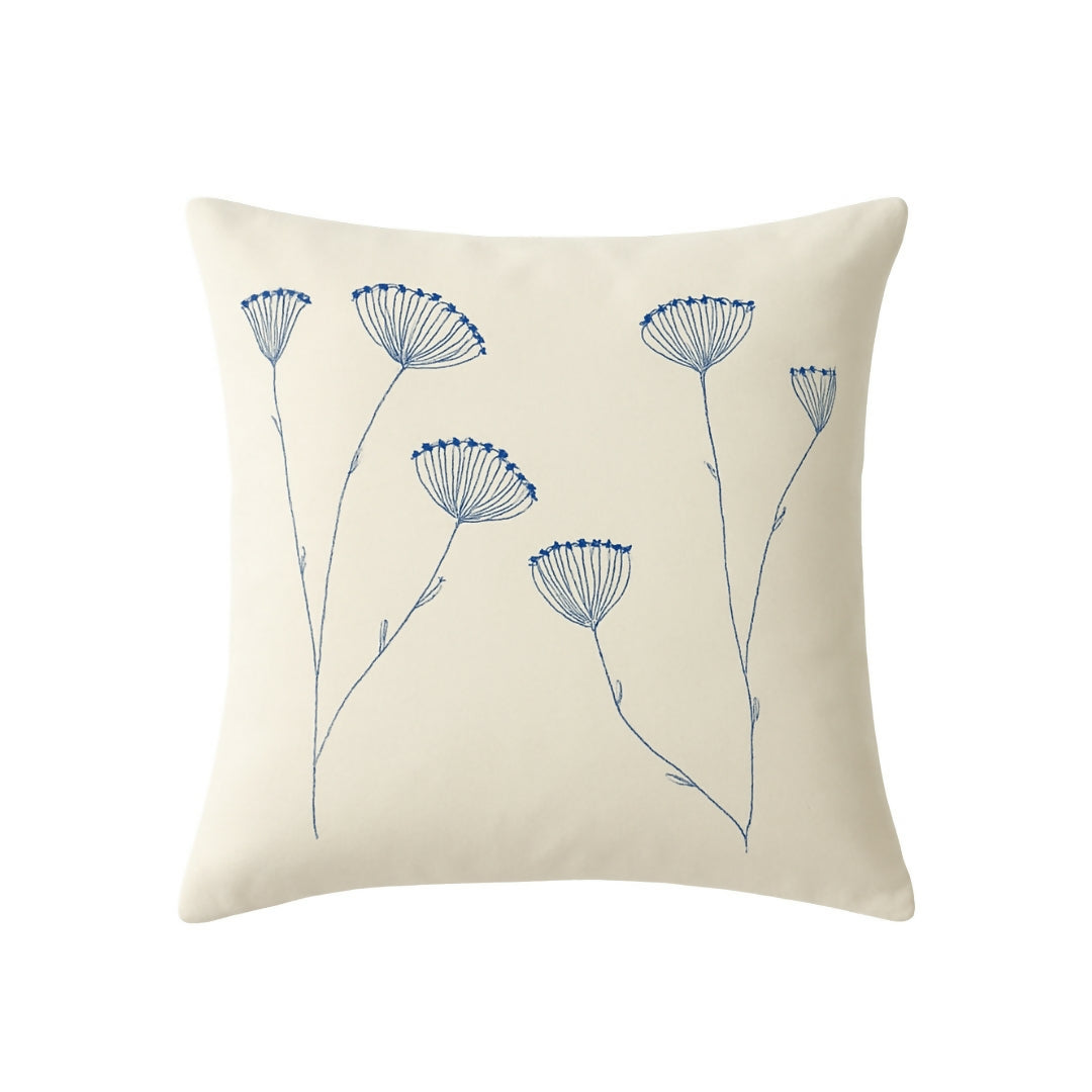 Hand-Embroidered Natural Cotton Cushion | Two-Tone Blue Wildflower Design