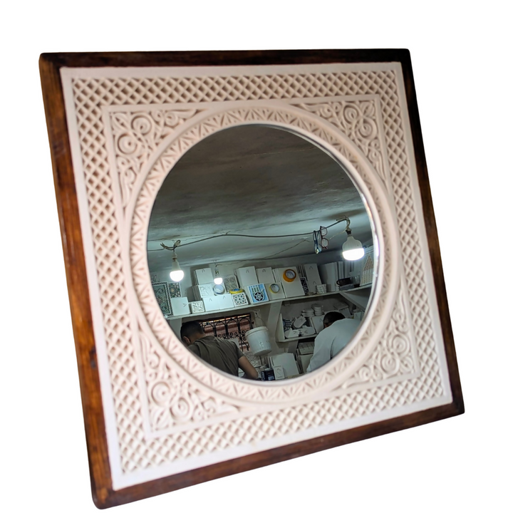 Framed Hand-Carved Moroccan Plaster Wall Mirror, Floral Design
