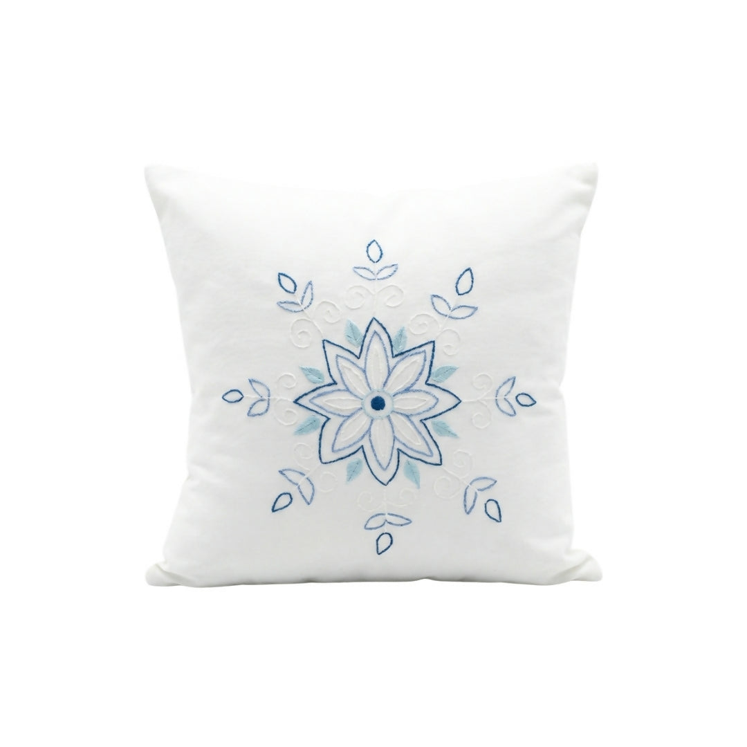 Embroidered Blue Snowflake Cushion Cover – White Winter Throw Pillow with Nordic Floral Design