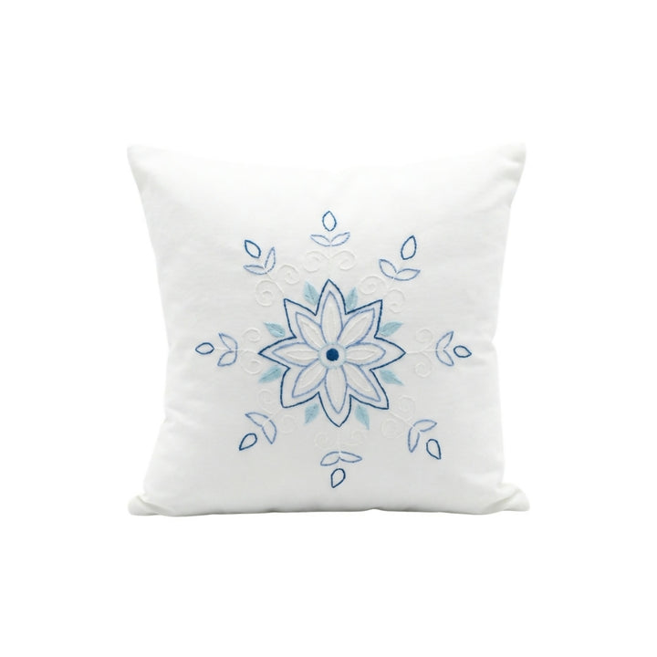 Embroidered Blue Snowflake Cushion Cover – White Winter Throw Pillow with Nordic Floral Design