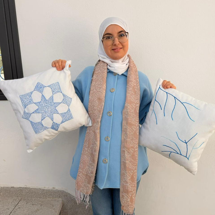 Handcrafted Moroccan "Zellige" Pillow – Natural Fiber Embroidery – 16x16" (40x40cm)