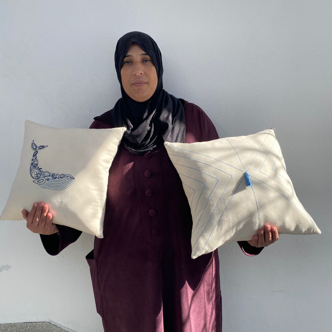 Hand-Embroidered Blue Whale Decorative Cushion – 100% Natural Beige Cotton Canvas (40x38 cm)