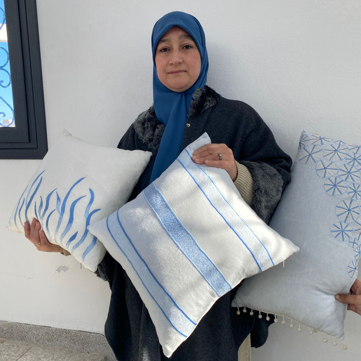 Artisanal "Tarz Rbati" Cotton Cushion - Beige & Ocean Blue Embroidery