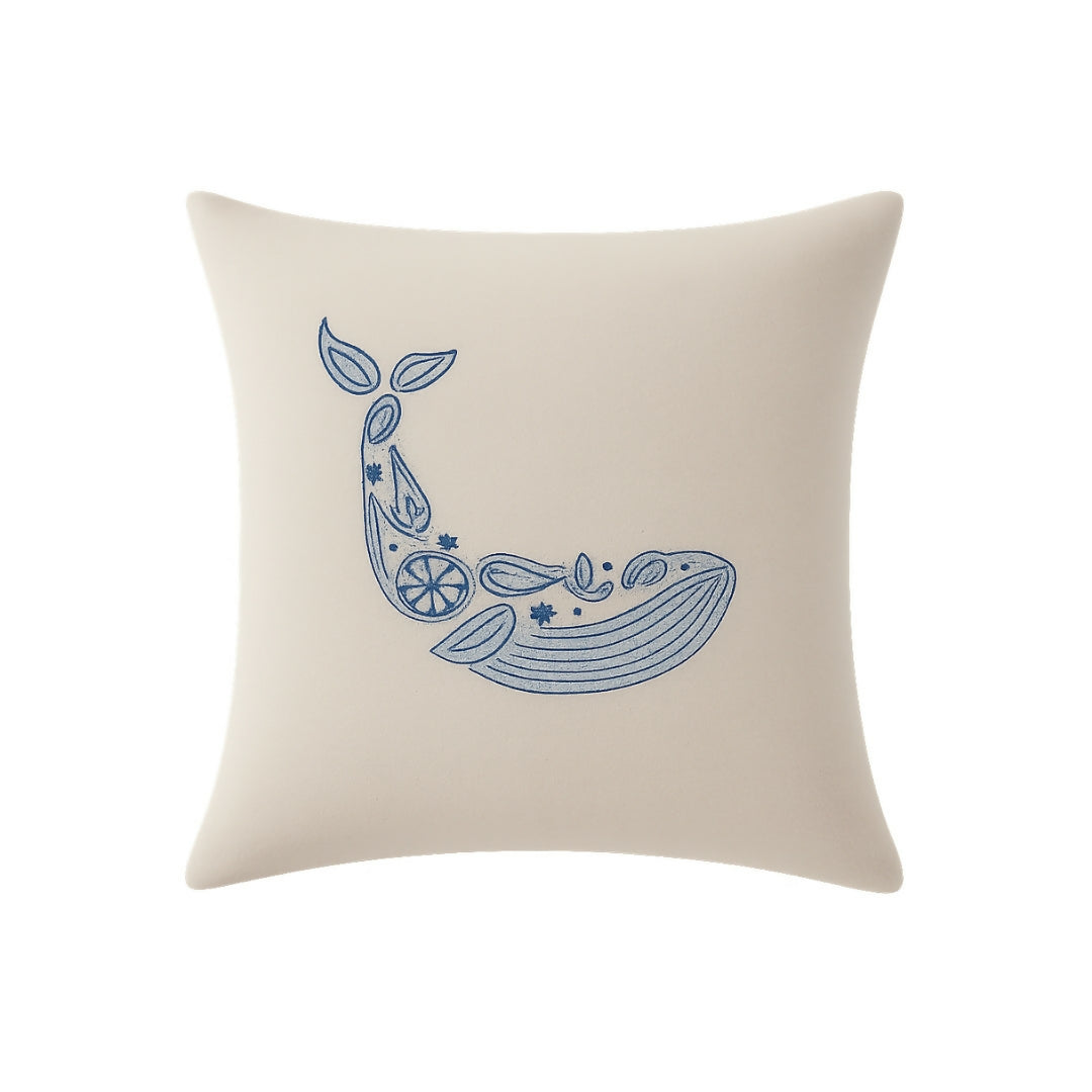 Hand-Embroidered Blue Whale Decorative Cushion – 100% Natural Beige Cotton Canvas (40x38 cm)