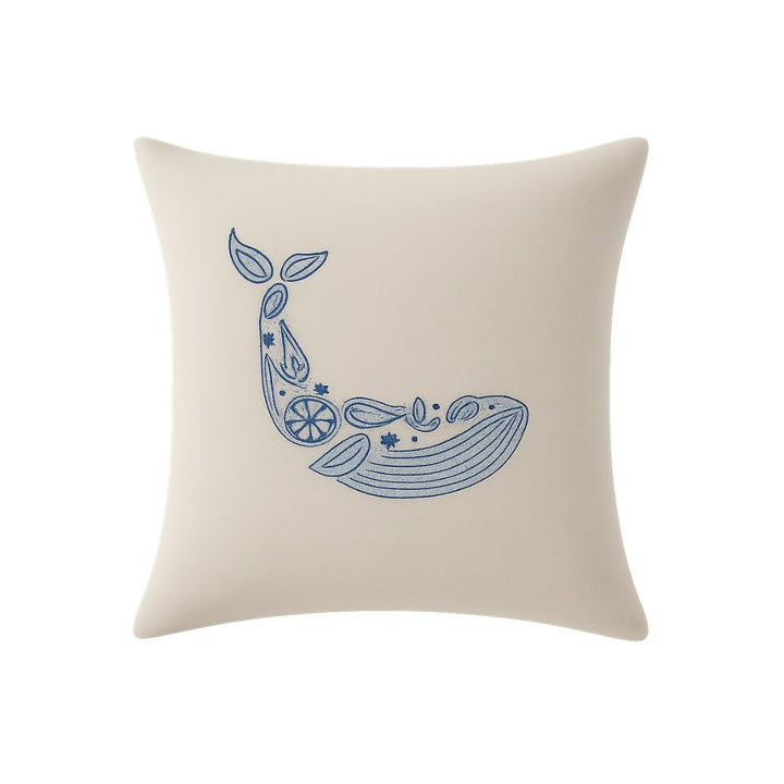 Hand-Embroidered Blue Whale Decorative Cushion – 100% Natural Beige Cotton Canvas (40x38 cm)