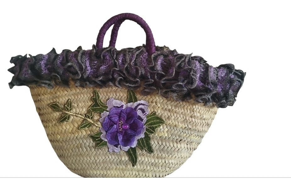 Purple Flower Moroccan Wicker Market Basket