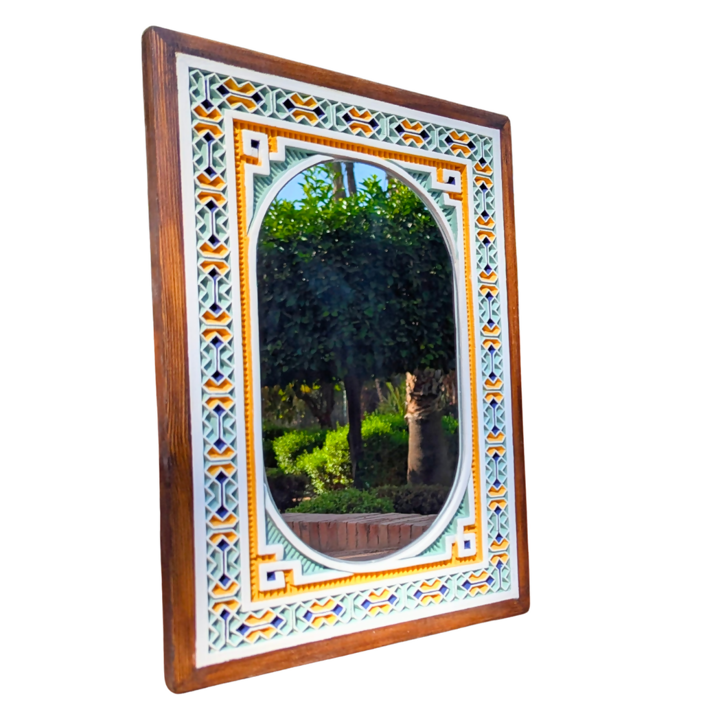 Framed Hand Carved Moroccan Plaster Wall Mirror, Painted Geometrical Finish