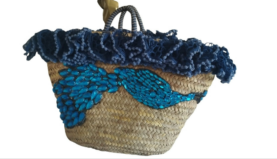 Blue Petal Moroccan Wicker Market Basket