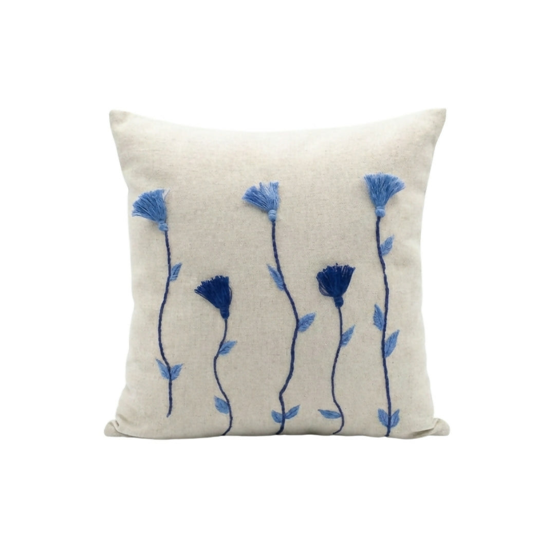 Hand-Embroidered Blue Floral Tassel Cushion – Natural Linen Throw Pillow