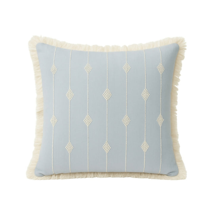 Sky Blue Cotton "Tarz Rbati" Cushion - Bohemian Diamond Embroidery & Fringed Edges