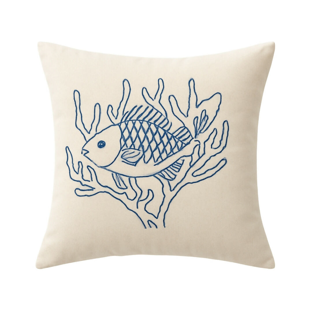 Hand-Embroidered Fish & Coral Decorative Cushion – 100% Natural Beige Canvas (40x40 cm)