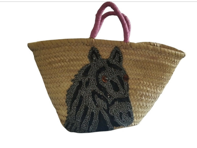Handwoven Moroccan Straw Basket Bag with Pink Handles and Sequin Horse Appliqué – Unique Summer Tote