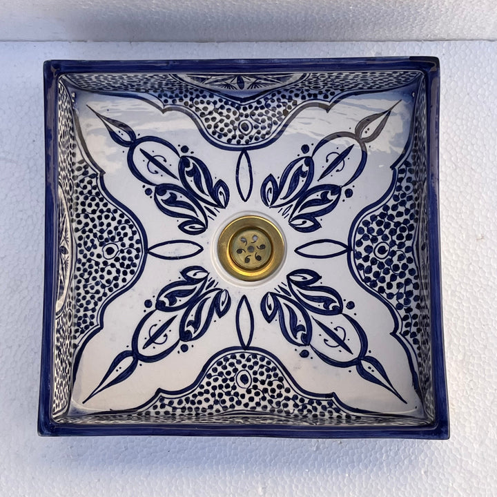 Hand-Painted Moroccan Ceramic Bathroom Sink – Square Blue & White Traditional Washbasin