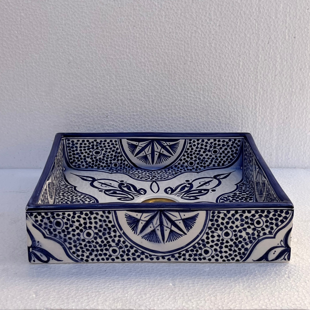 Hand-Painted Moroccan Ceramic Bathroom Sink – Square Blue & White Traditional Washbasin