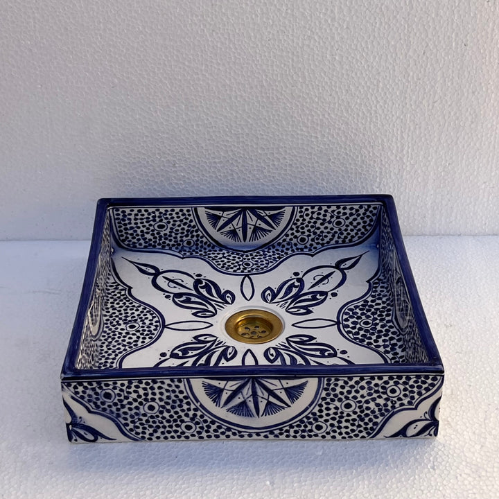 Hand-Painted Moroccan Ceramic Bathroom Sink – Square Blue & White Traditional Washbasin