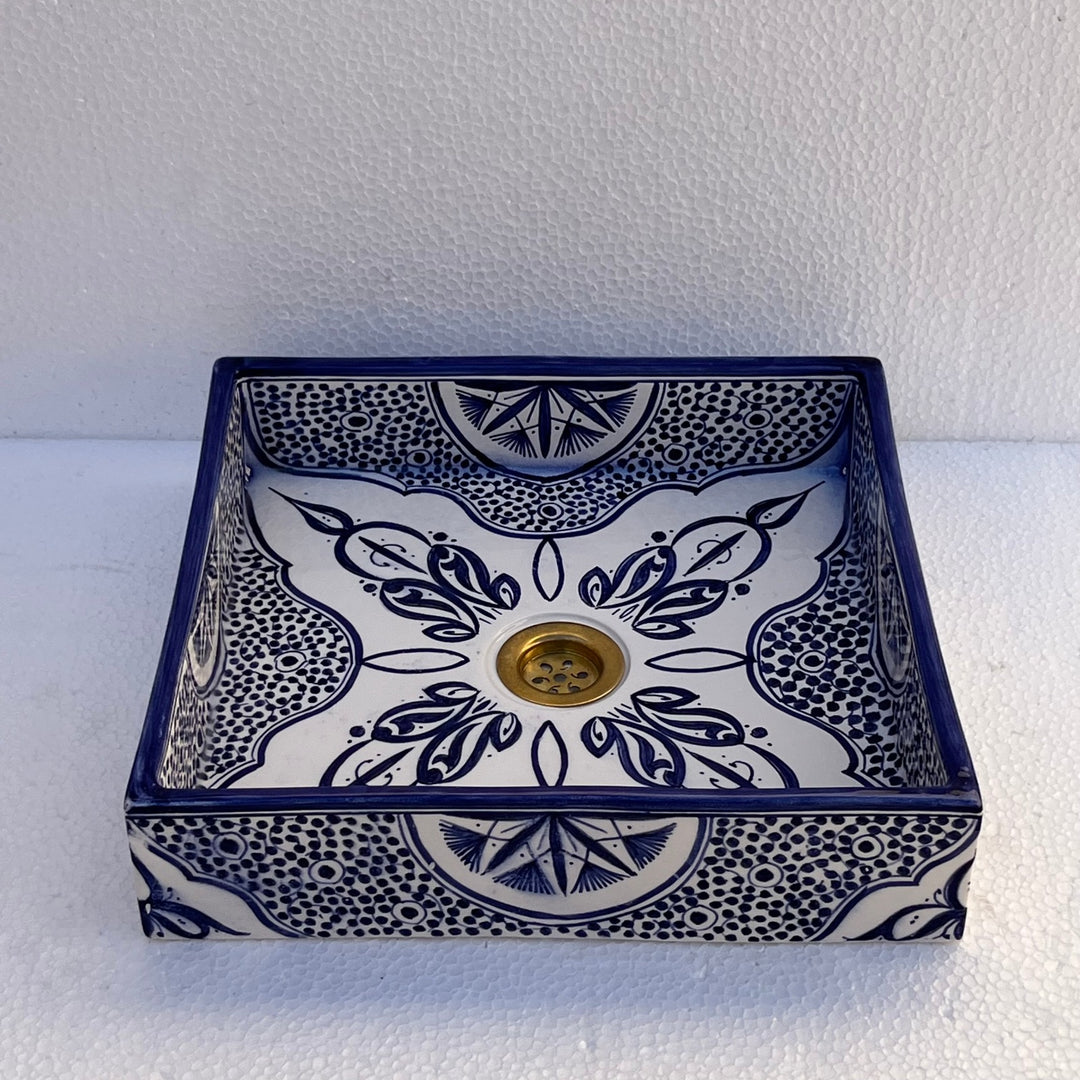 Hand-Painted Moroccan Ceramic Bathroom Sink – Square Blue & White Traditional Washbasin